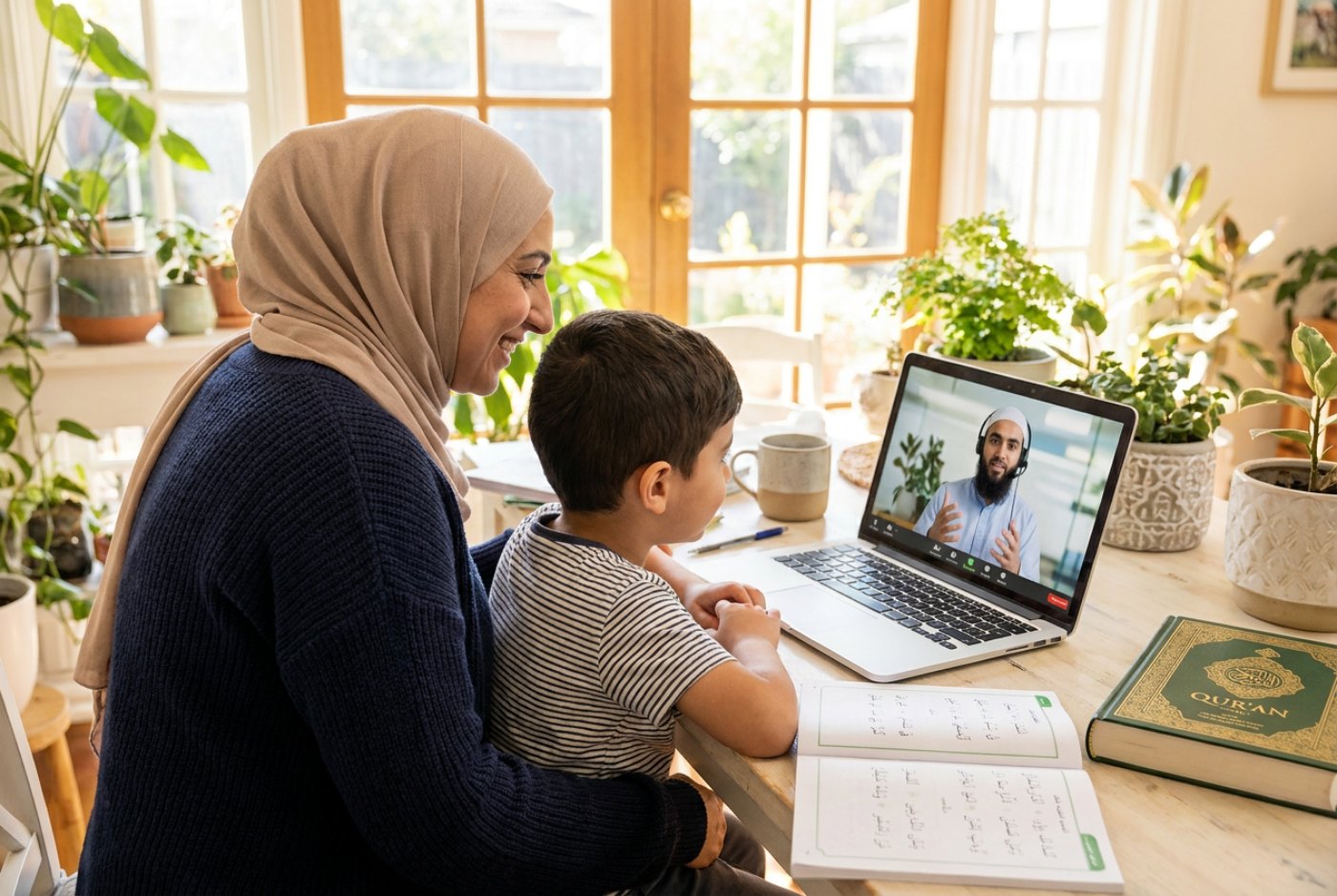 Australian Muslim mother and son in an online Quran class with an Al-Azhar teacher
