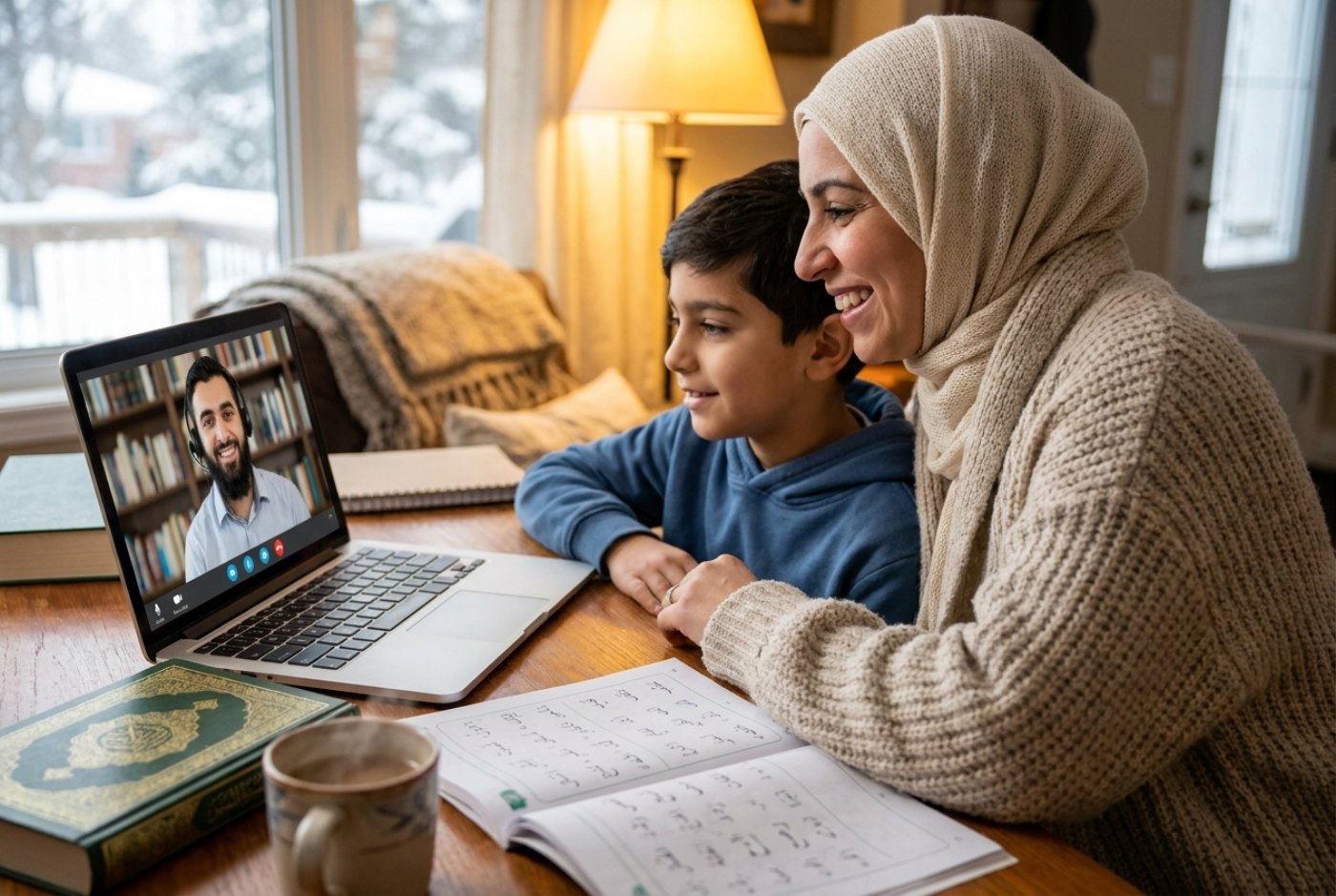 Canadian Muslim mother and son learning Quran online with an Al-Azhar teacher