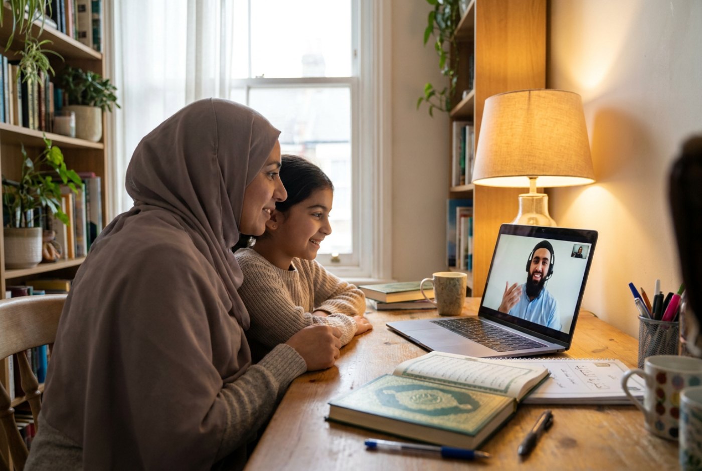 British Muslim mother and daughter in an online Quran class with an Al-Azhar teacher