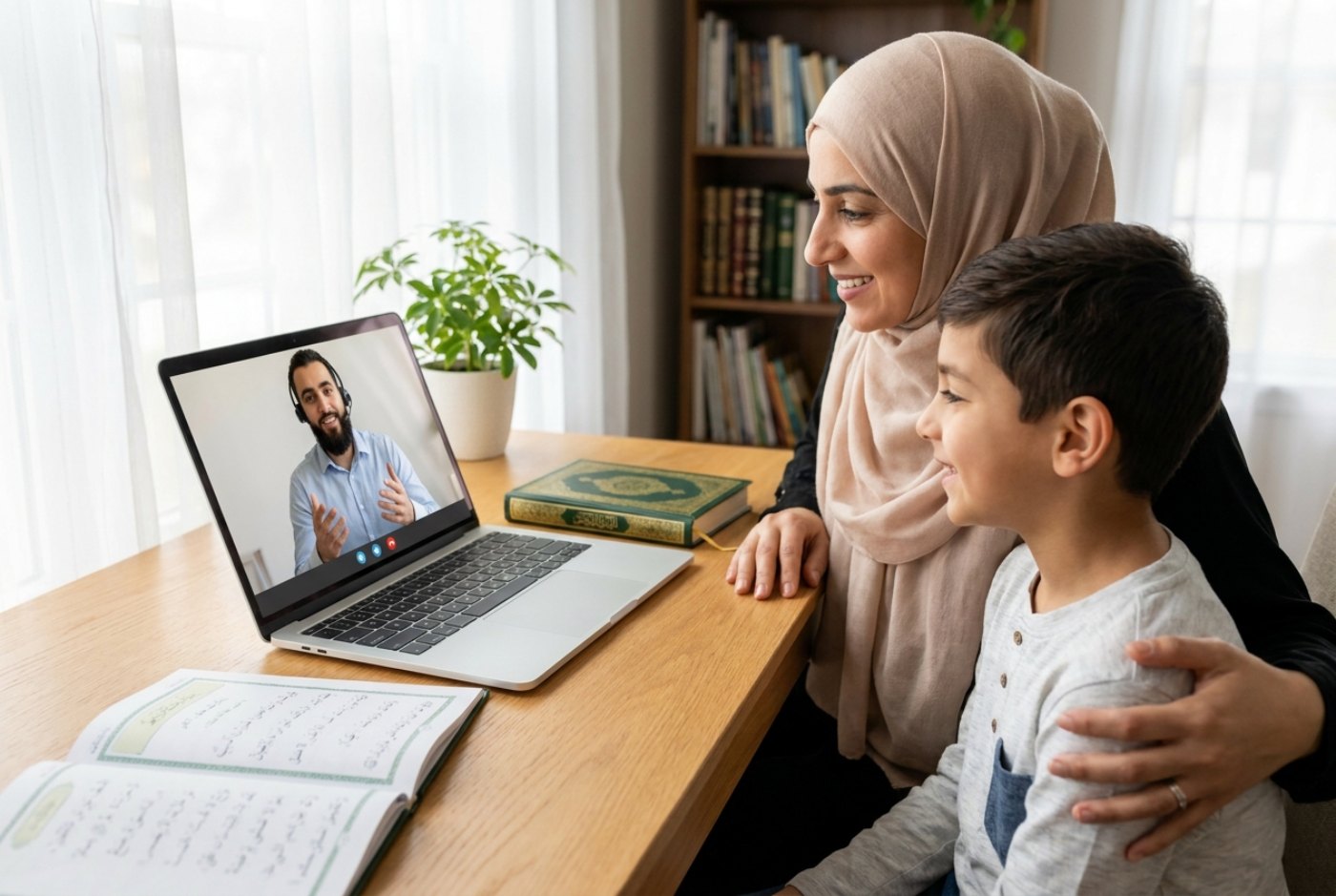 American Muslim mother and son taking an online Quran class with an Al-Azhar teacher