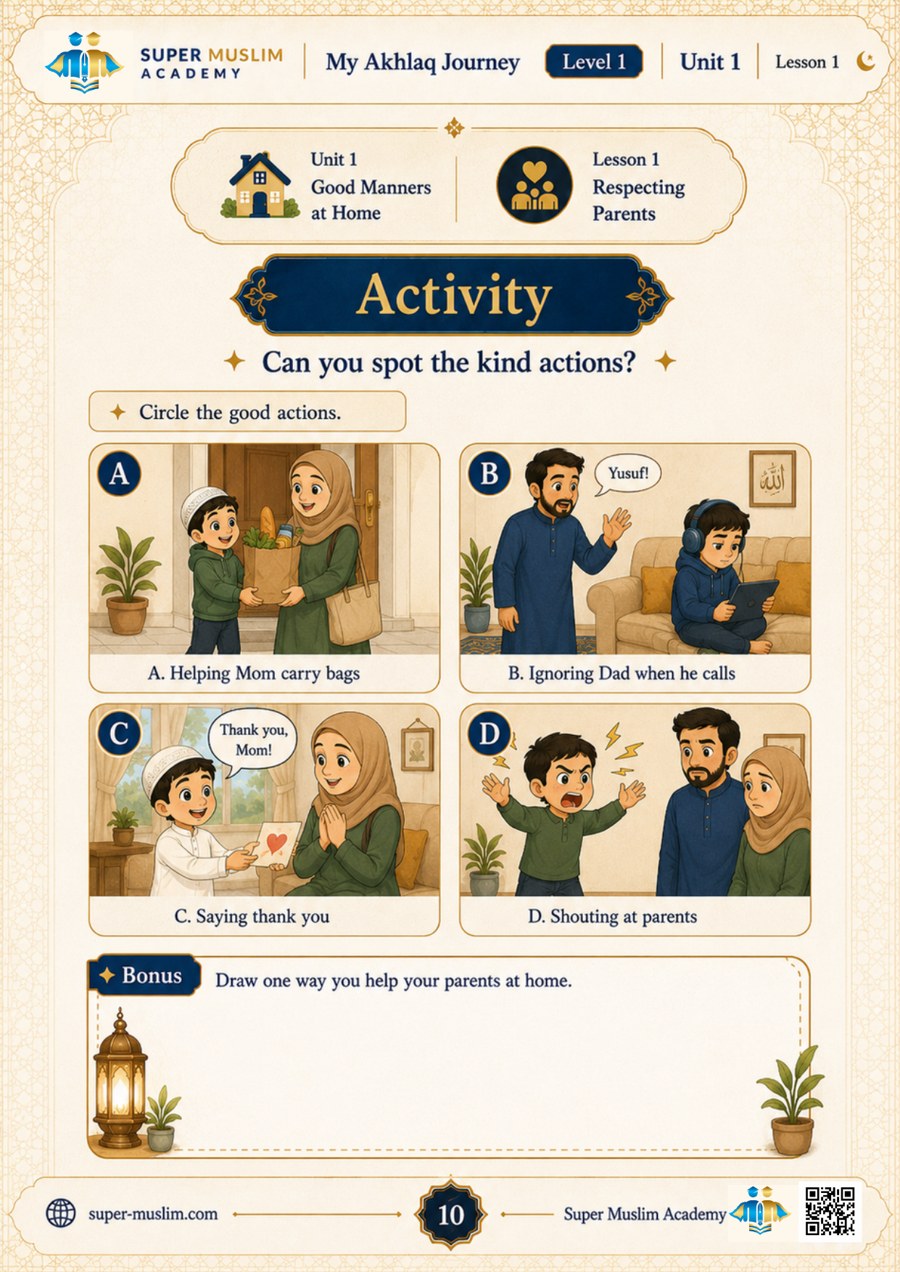 Kids activity page: circle the kind actions toward parents
