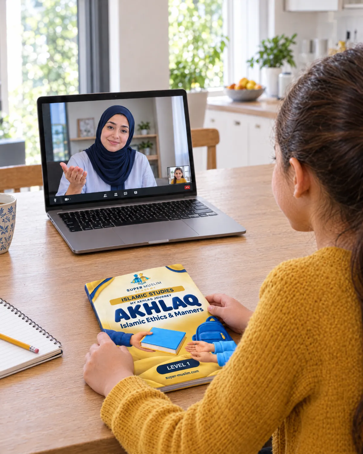 Girl answering her female Egyptian Al-Azhar teacher in a live online Islamic Studies class on Zoom, with the Super Muslim Akhlaq Level 1 book on the table