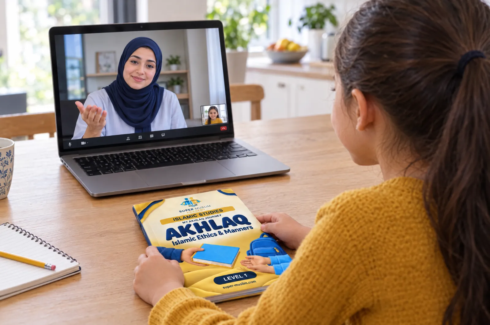 Girl answering her female Egyptian Al-Azhar teacher in a live online Islamic Studies class on Zoom, with the Super Muslim Akhlaq Level 1 book on the table
