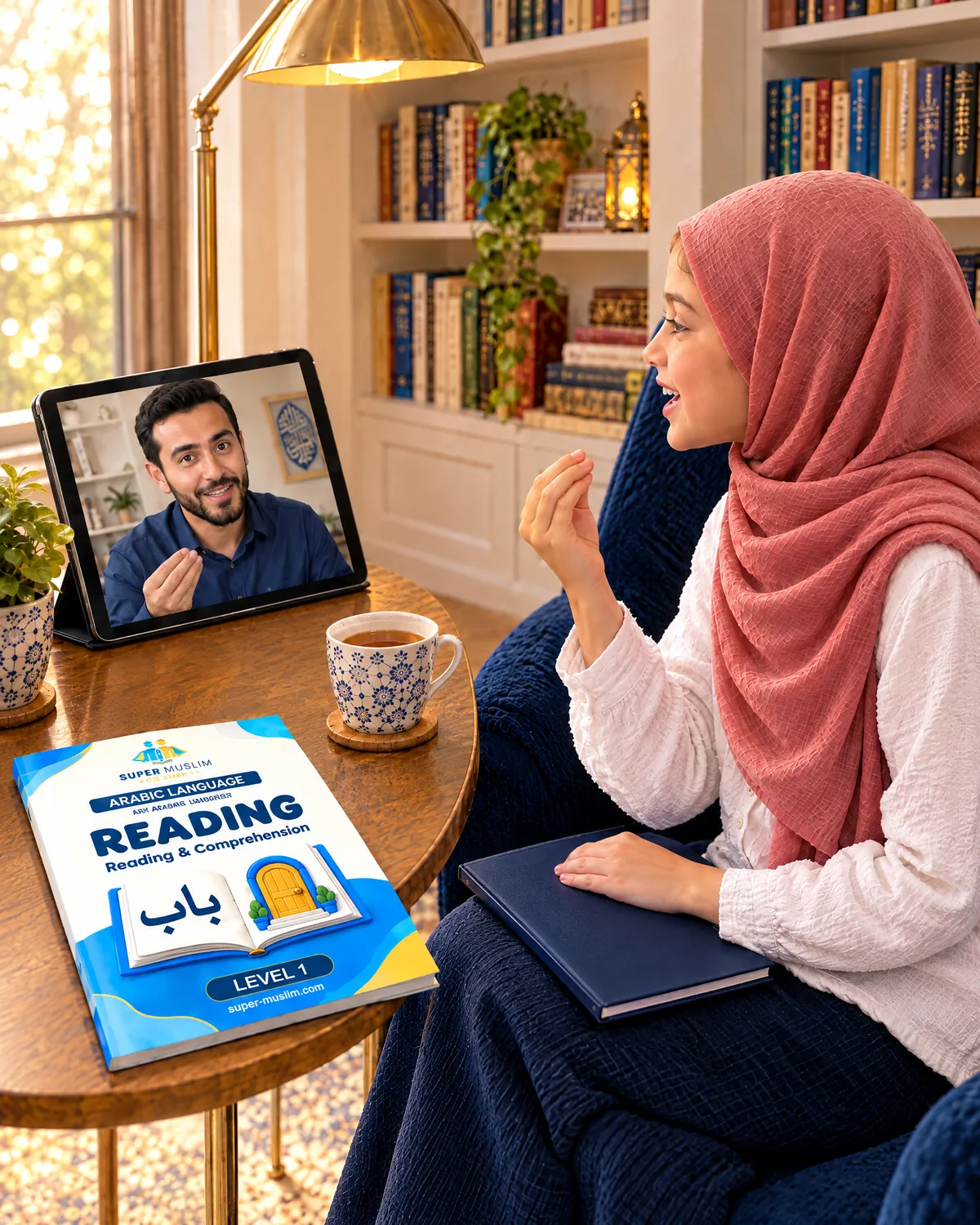 Girl repeating an Arabic word after her Egyptian online Arabic teacher on a tablet, with the Super Muslim Arabic Reading Level 1 book on the side table