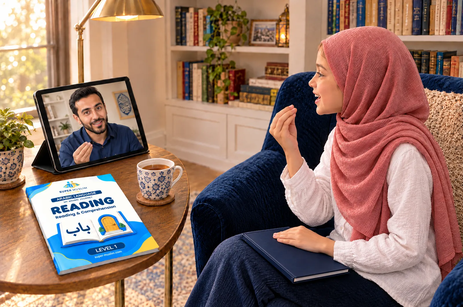 Girl repeating an Arabic word after her Egyptian online Arabic teacher on a tablet, with the Super Muslim Arabic Reading Level 1 book on the side table