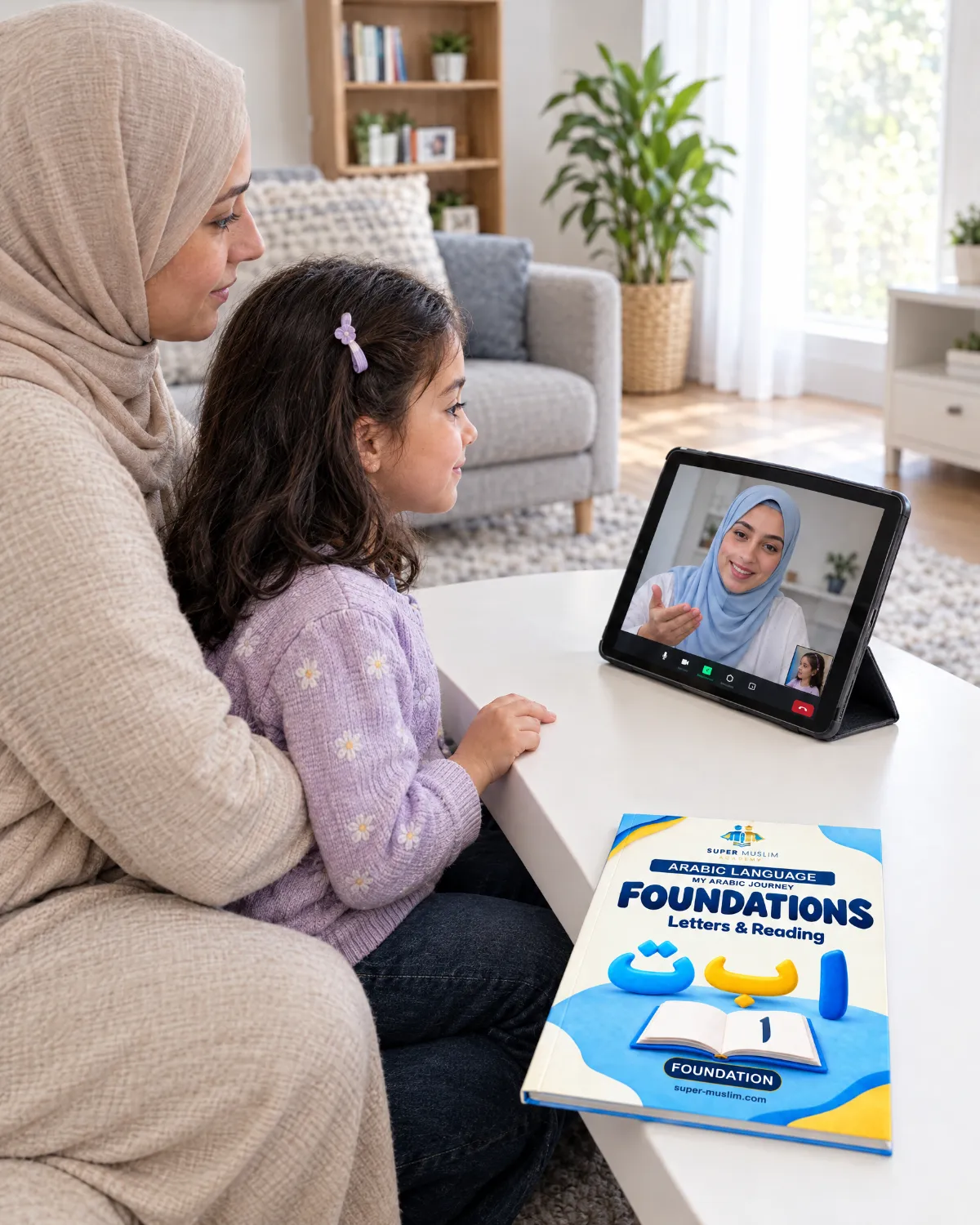 Young girl in her first online Noorani Qaida class with a female Egyptian Al-Azhar teacher on a tablet, her mother beside her, with the Super Muslim Arabic Foundations book on the table