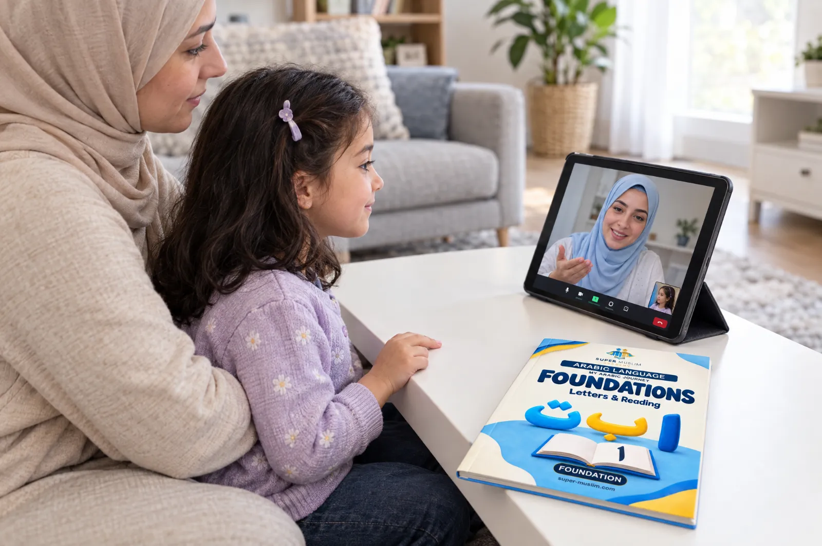 Young girl in her first online Noorani Qaida class with a female Egyptian Al-Azhar teacher on a tablet, her mother beside her, with the Super Muslim Arabic Foundations book on the table