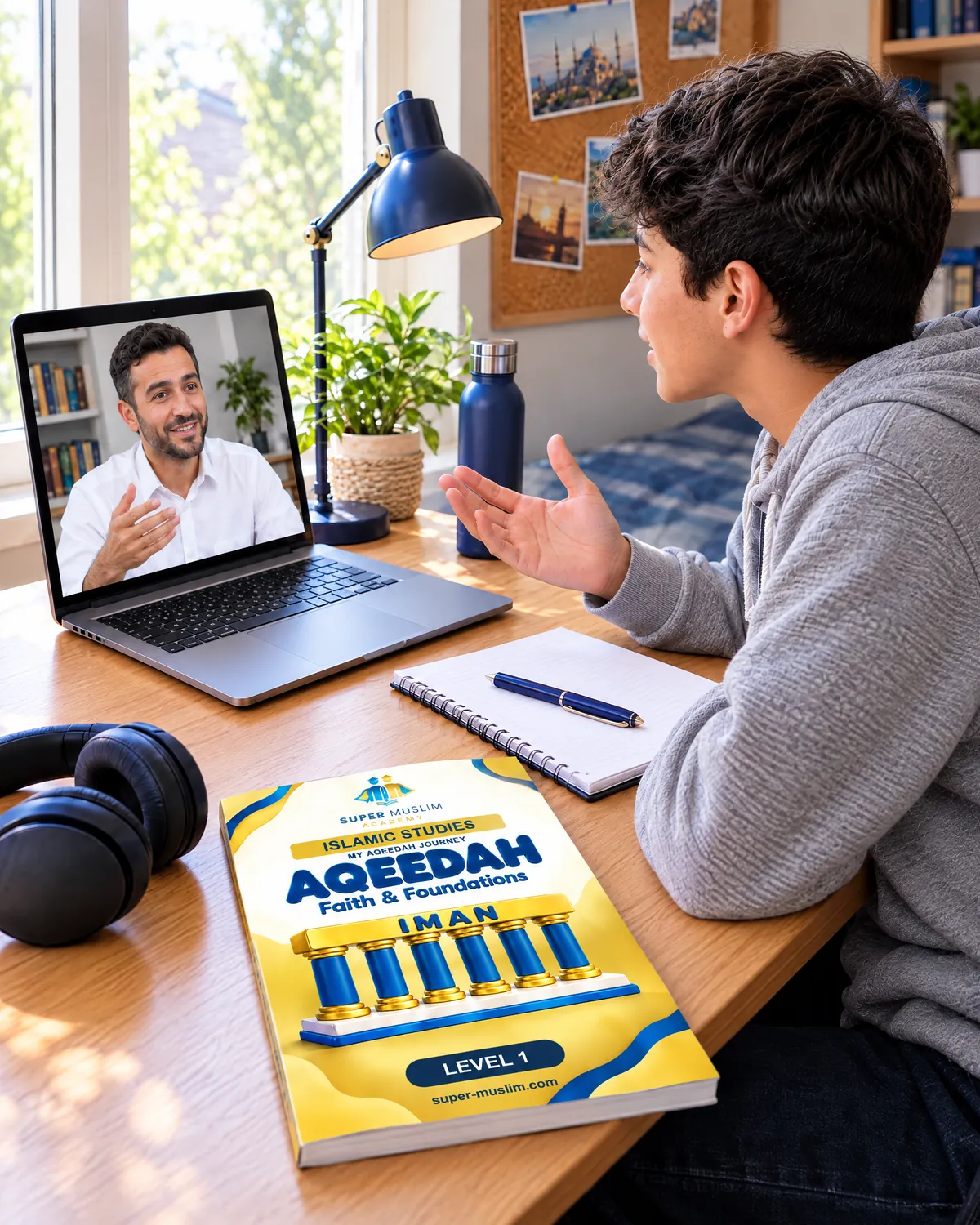 Boy asking his Egyptian online Islamic Studies teacher a question, with the Super Muslim Aqeedah Level 1 book on his desk
