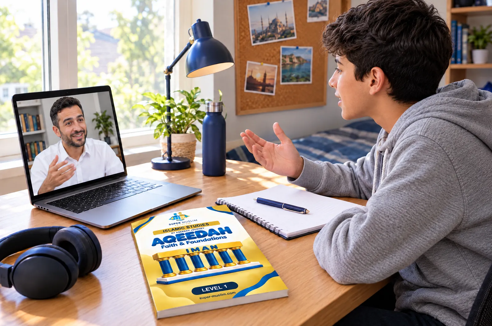 Boy asking his Egyptian online Islamic Studies teacher a question, with the Super Muslim Aqeedah Level 1 book on his desk