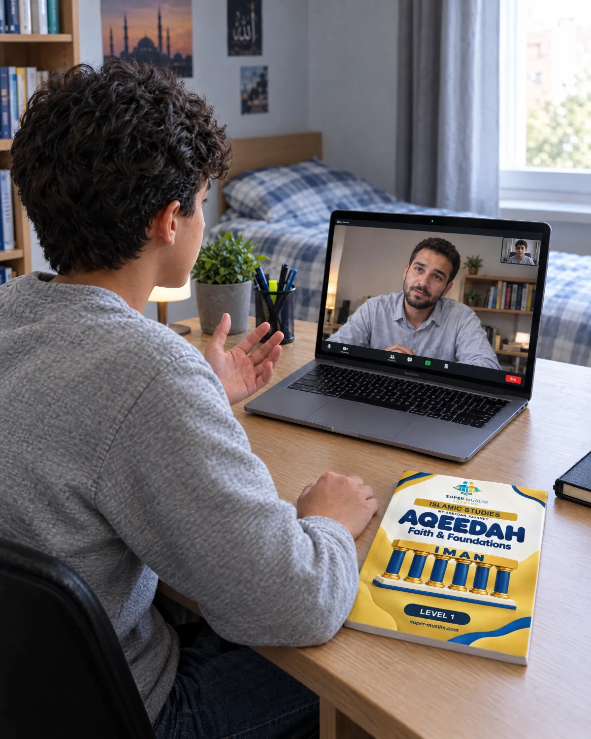 Boy asking his Egyptian Al-Azhar Islamic Studies teacher a question during a live online class on Zoom, with the Super Muslim Aqeedah Level 1 book on his desk