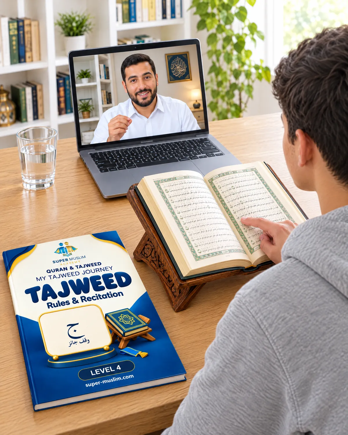 Teenage boy reciting from the Mushaf on a wooden stand while his Egyptian Qira'at teacher explains on the laptop, with the Super Muslim Tajweed Level 4 book on the desk