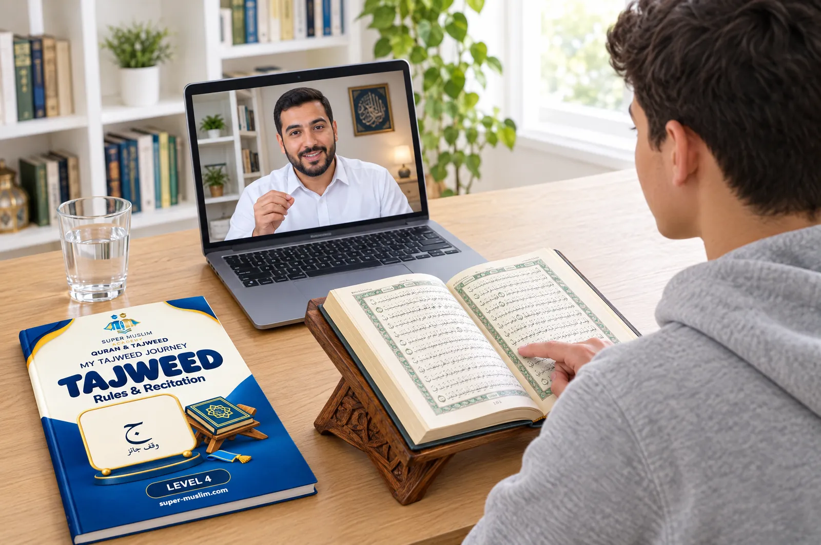 Teenage boy reciting from the Mushaf on a wooden stand while his Egyptian Qira'at teacher explains on the laptop, with the Super Muslim Tajweed Level 4 book on the desk