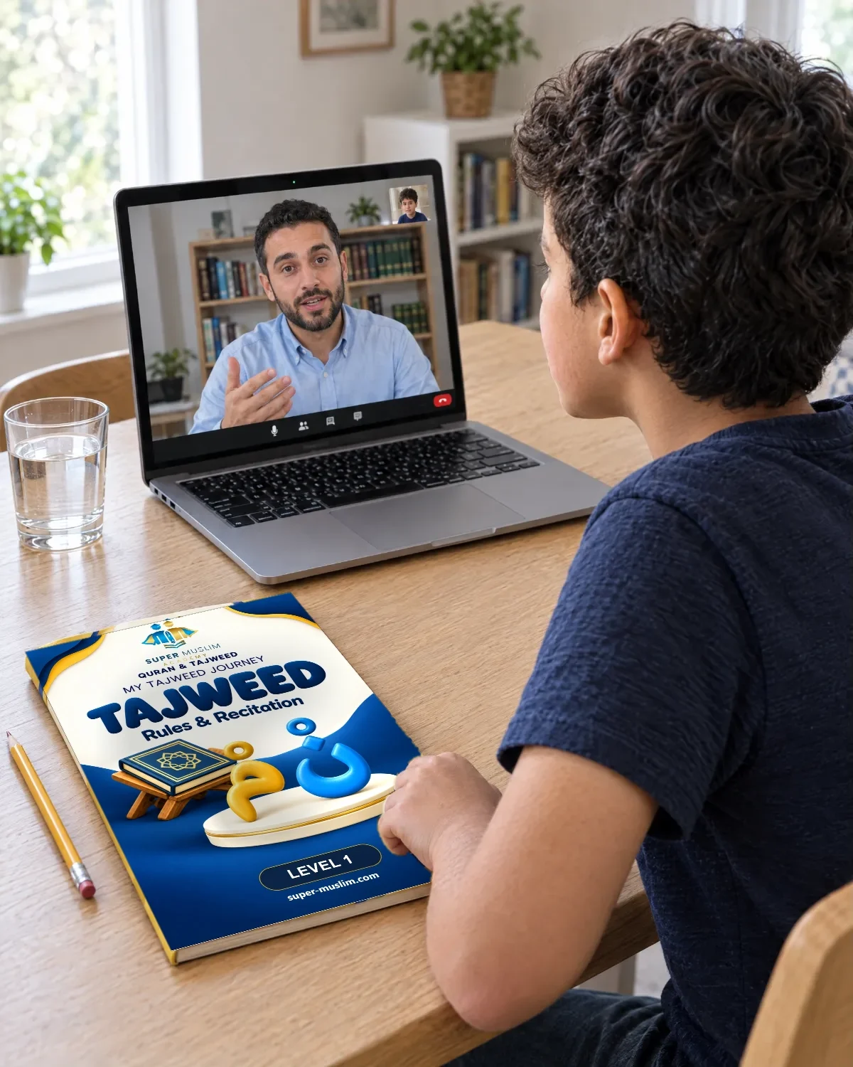 Boy watching his Egyptian Al-Azhar teacher explain during a live online Quran class on Zoom, with the Super Muslim Tajweed Level 1 book on the table