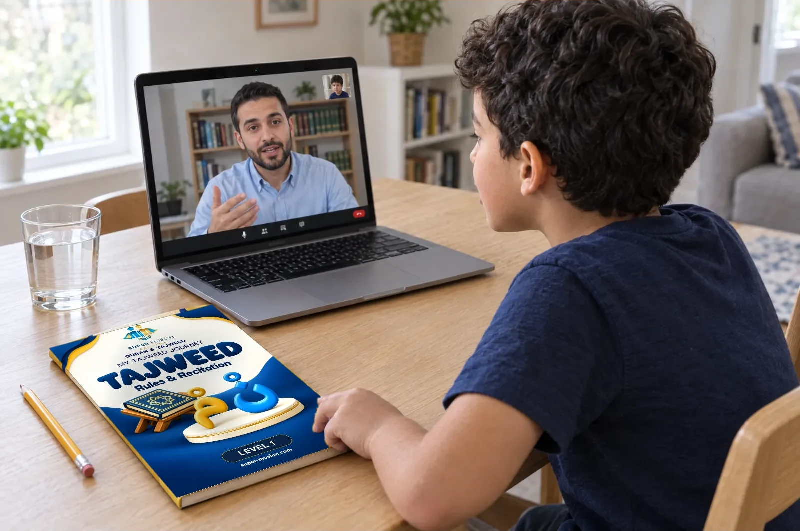 Boy watching his Egyptian Al-Azhar teacher explain during a live online Quran class on Zoom, with the Super Muslim Tajweed Level 1 book on the table