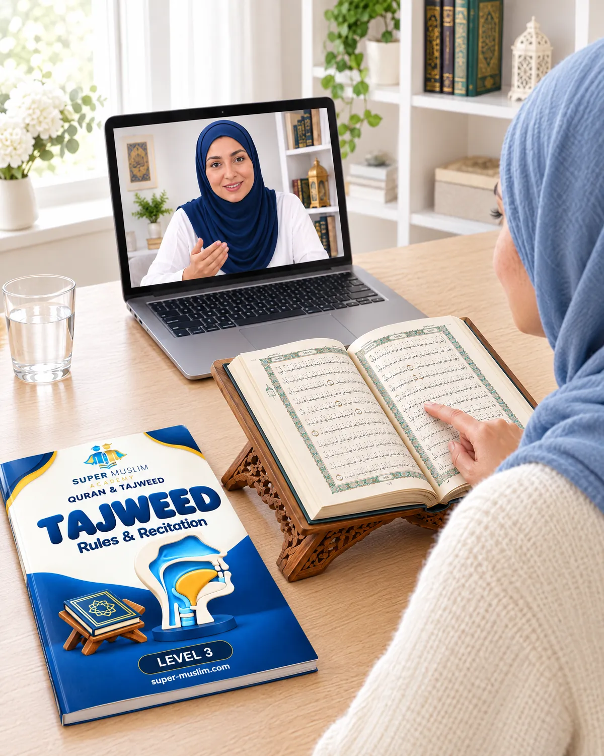 Sister reciting from the Mushaf on a wooden stand while her female Egyptian online Quran teacher explains on the laptop, with the Super Muslim Tajweed Level 3 book on the desk
