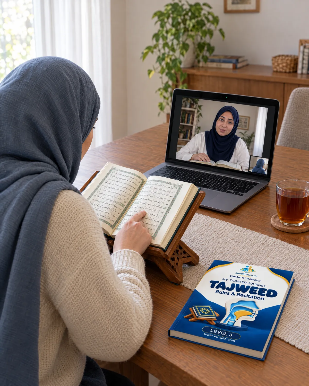 Sister reciting from the Mushaf on a wooden stand while her female Egyptian Al-Azhar teacher listens on Zoom, with the Super Muslim Tajweed Level 3 book on the table