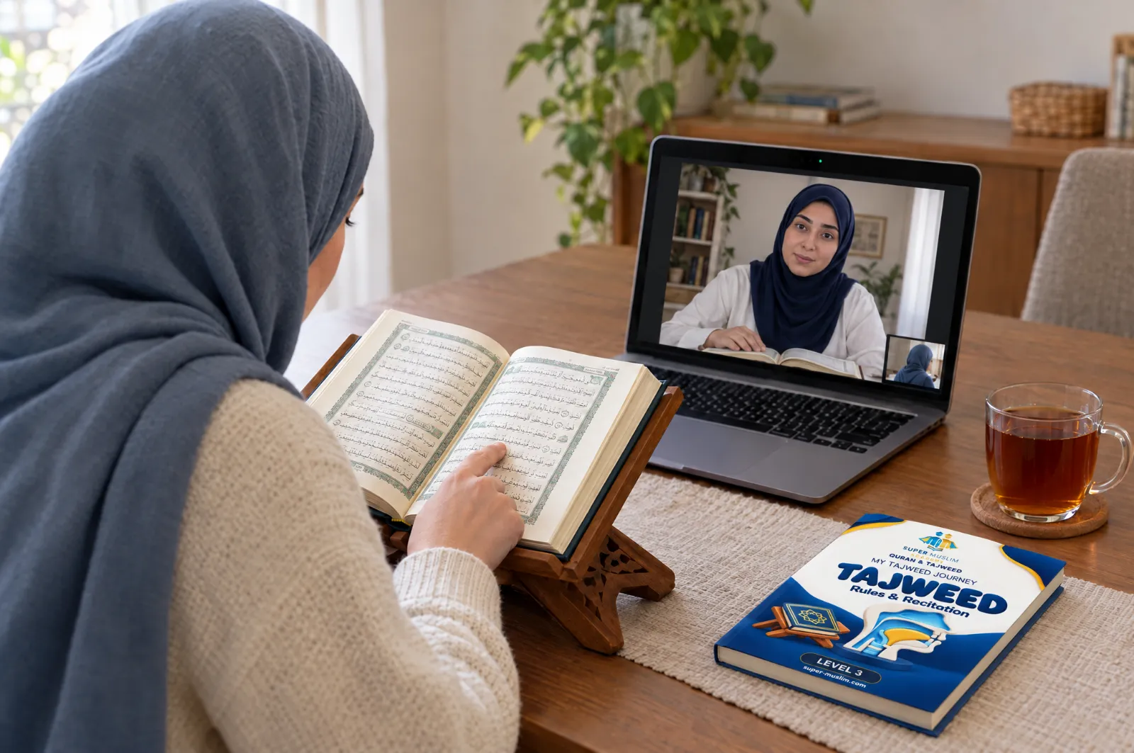 Sister reciting from the Mushaf on a wooden stand while her female Egyptian Al-Azhar teacher listens on Zoom, with the Super Muslim Tajweed Level 3 book on the table