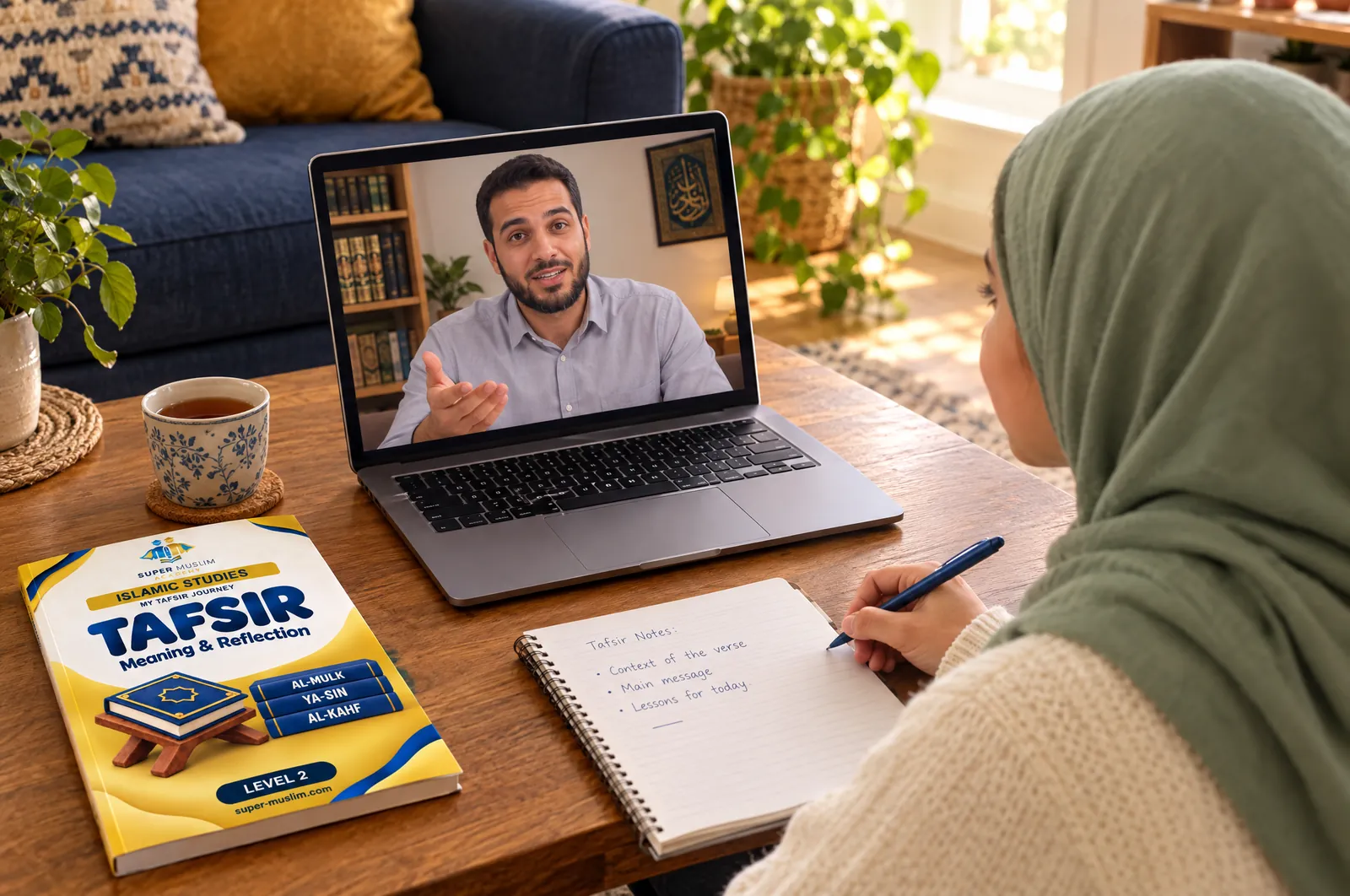 Girl taking Tafsir notes while her Egyptian online teacher explains a verse on the laptop, with the Super Muslim Tafsir Level 2 book on the table