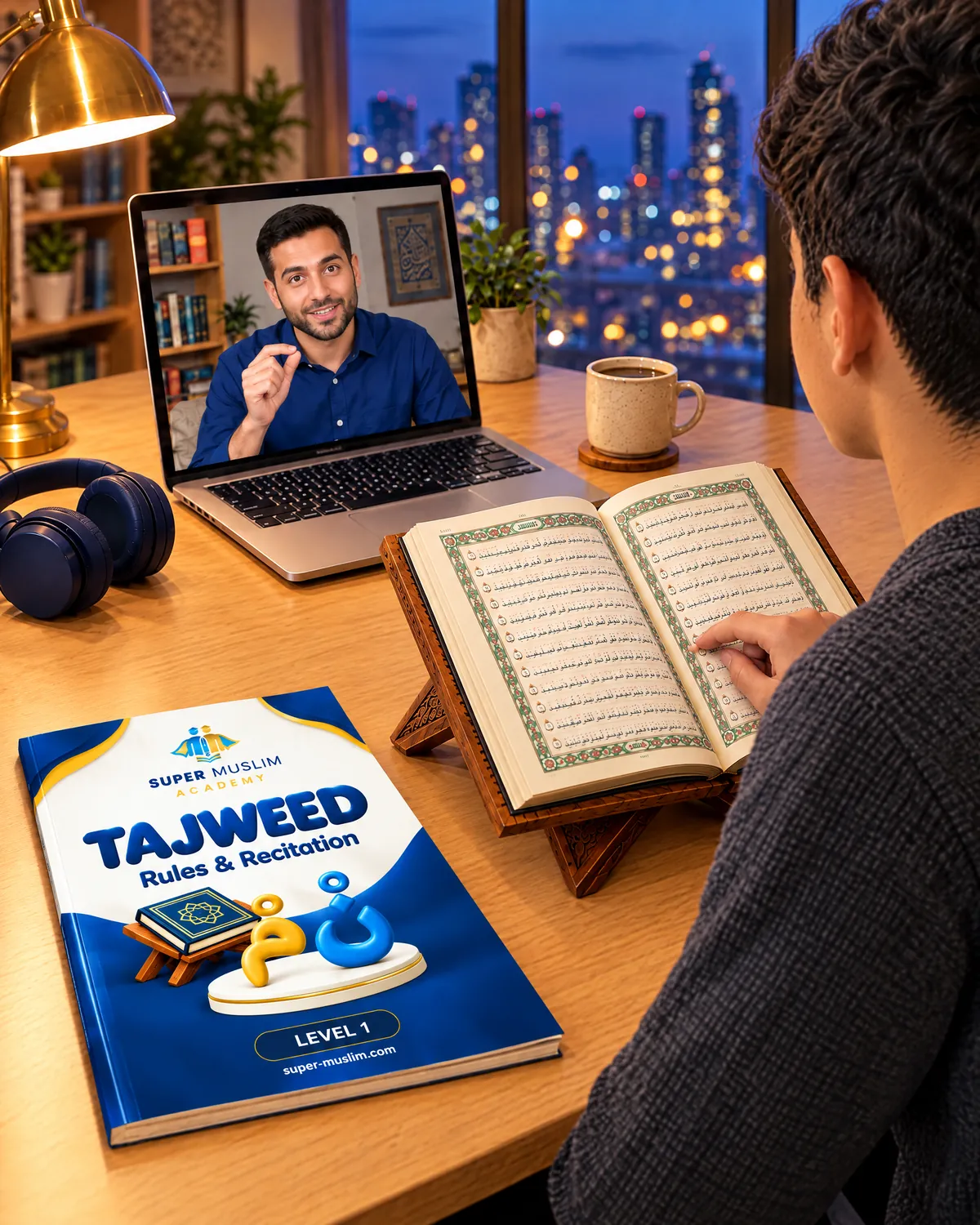 Teenage boy reading from the Mushaf on a wooden stand while his Egyptian Tajweed teacher explains on the laptop, with the Super Muslim Tajweed Level 1 book on the desk
