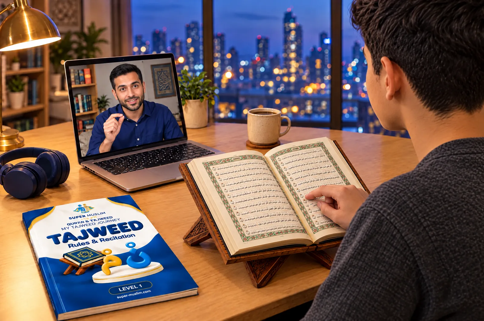Teenage boy reading from the Mushaf on a wooden stand while his Egyptian Tajweed teacher explains on the laptop, with the Super Muslim Tajweed Level 1 book on the desk