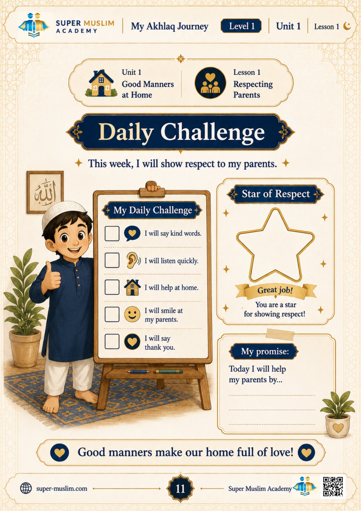 Printable 7-day respect parents checklist for Muslim kids