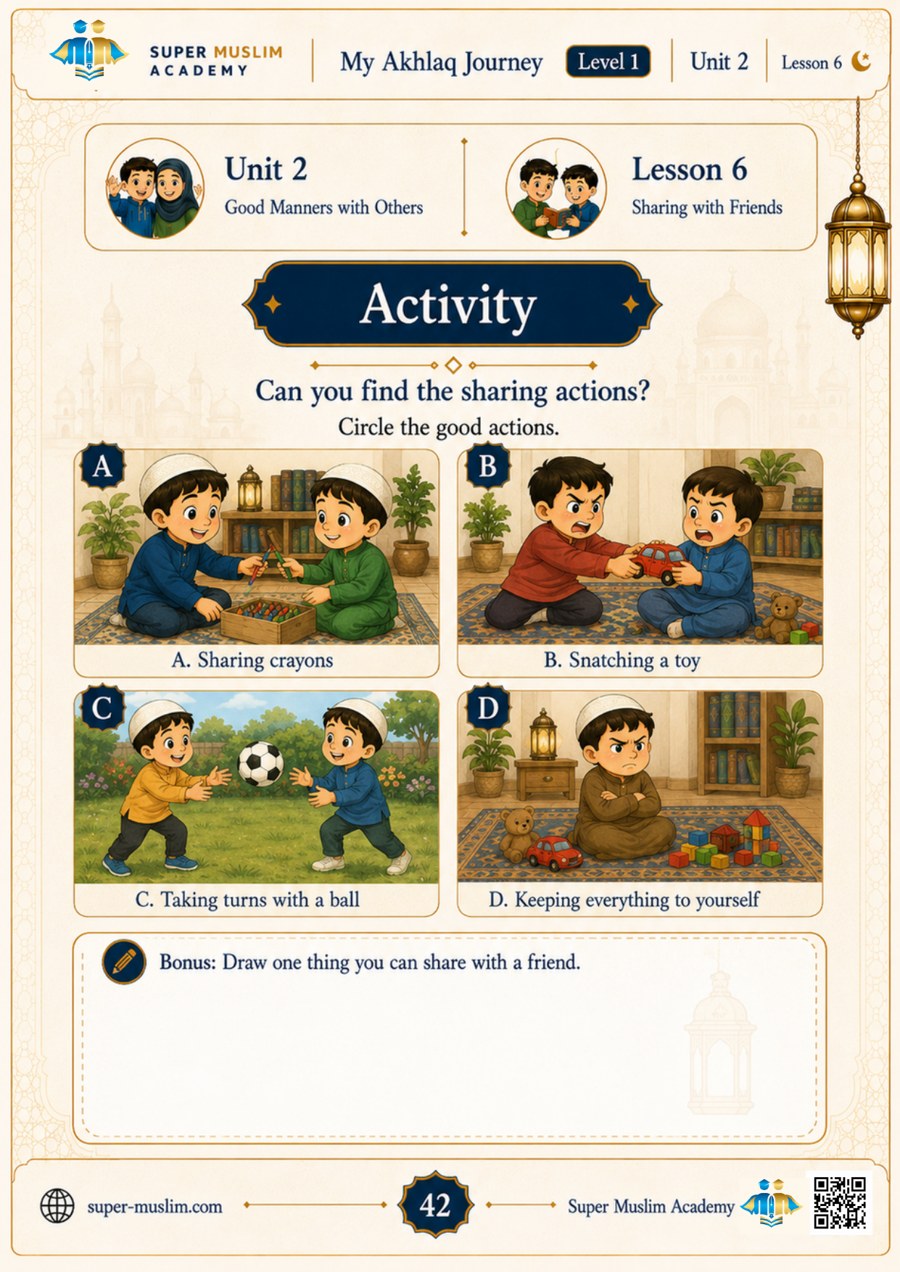 Kids activity page: find the sharing actions