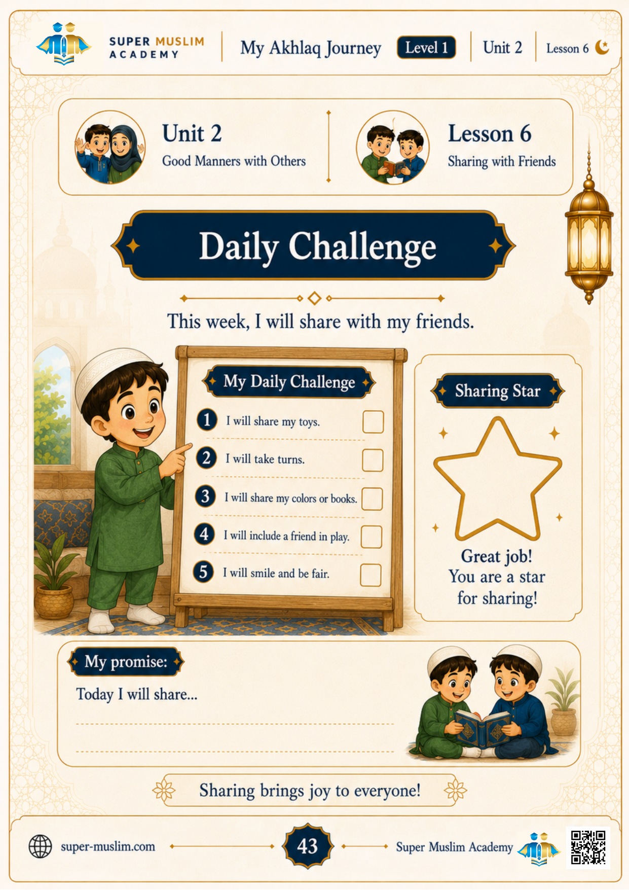 Printable 7-day sharing checklist for Muslim kids