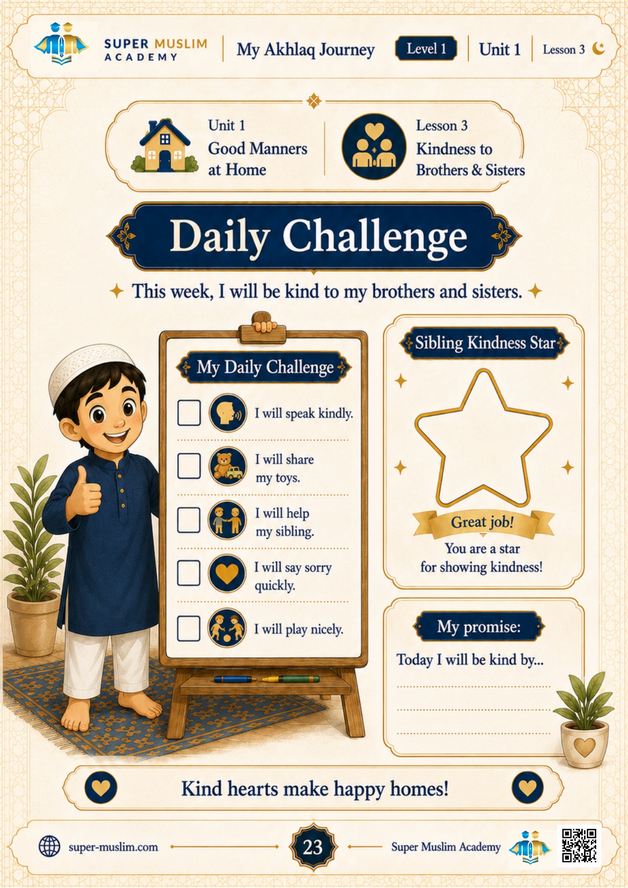 Printable 7-day sibling kindness checklist for Muslim kids