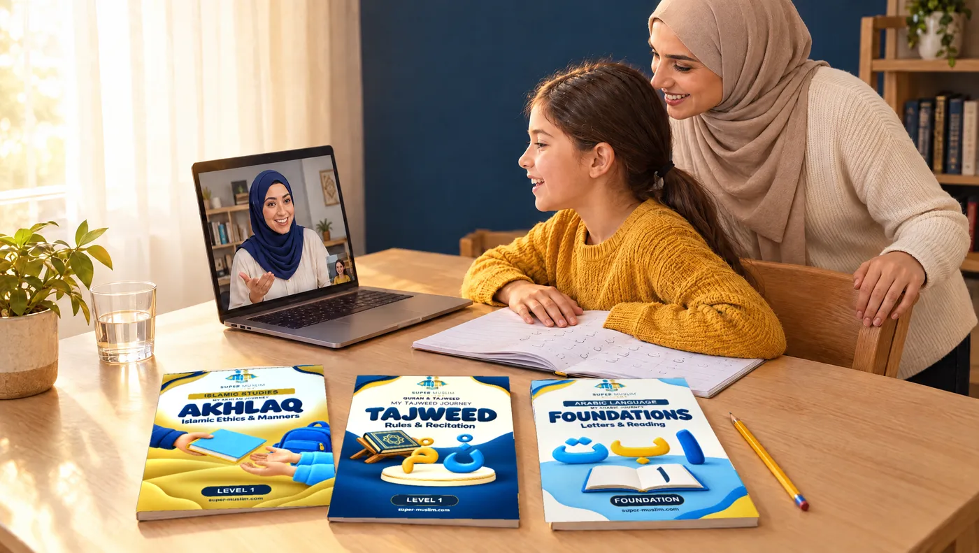 A girl answers her Egyptian Al-Azhar teacher in a live Zoom class while her mother watches, with Super Muslim Akhlaq, Tajweed and Arabic Foundations books on the table